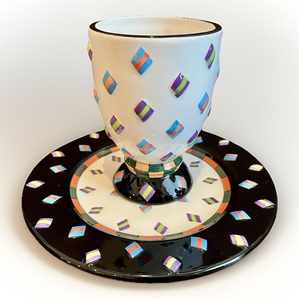 CBK Ltd 1998 Set of 2 Goblet & Plate Retro Color Block Ceramic MCM Style Vintage